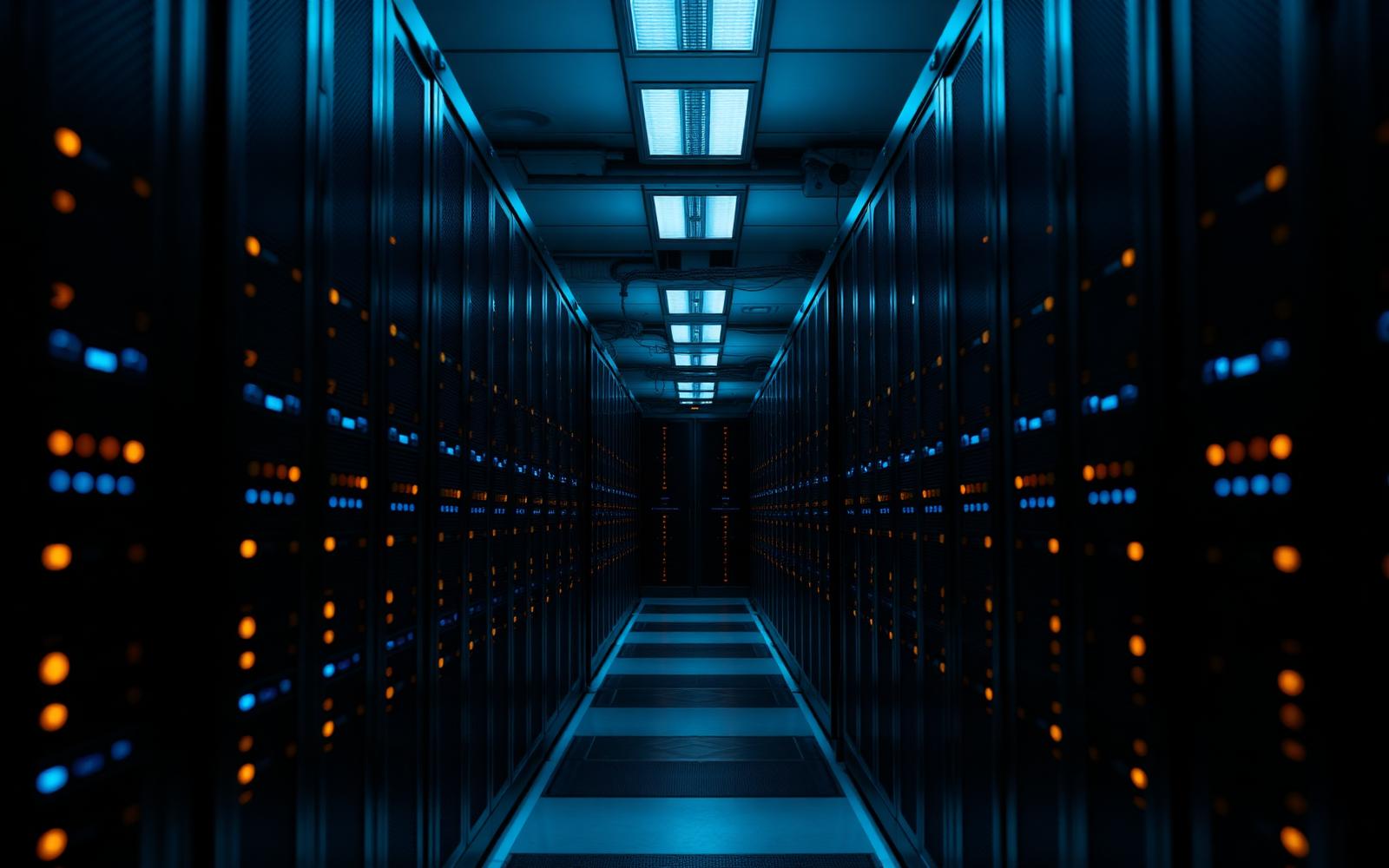 Long corridor inside a modern data centre with rows of server racks